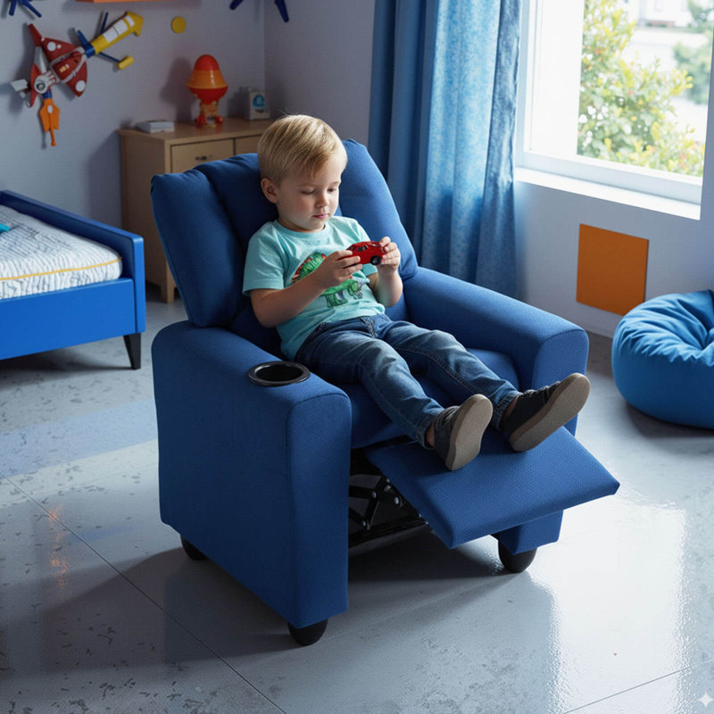 Kids Recliner with Cup ackrest & Footrest Holder with Adjustable Blue, Blue