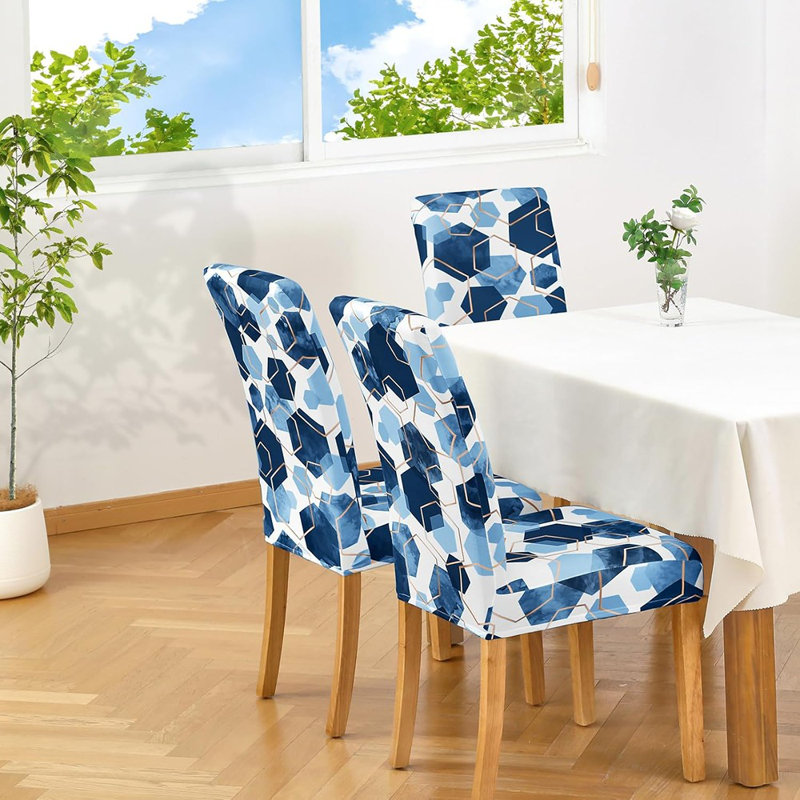 Housses de chaises de salle à manger - Bleu marine - Ensemble de 4 housses géométriques extensibles / amovibles et lavables pour la cuisine et les chaises de salle à manger