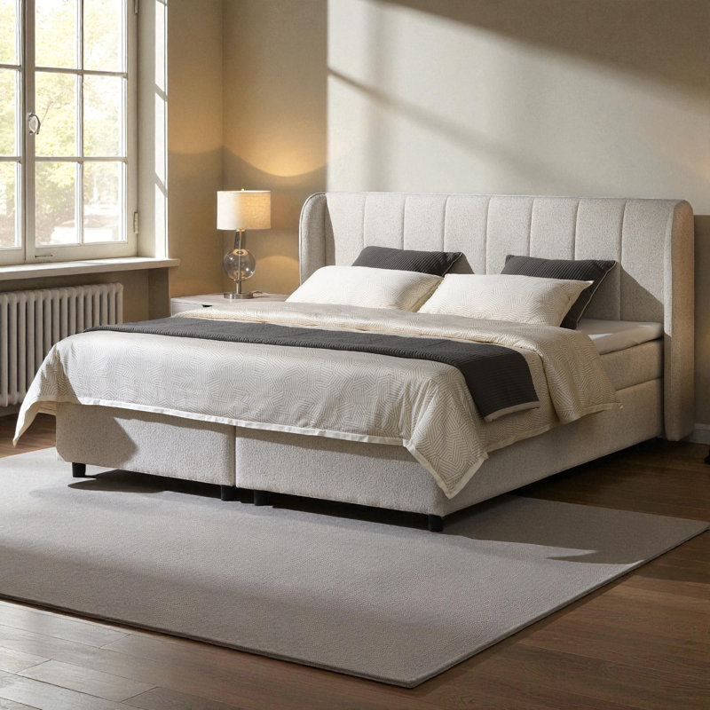 Grand lit moderne tapissier avec tiroirs de rangement doubles en chenille beige (matelas inclus)