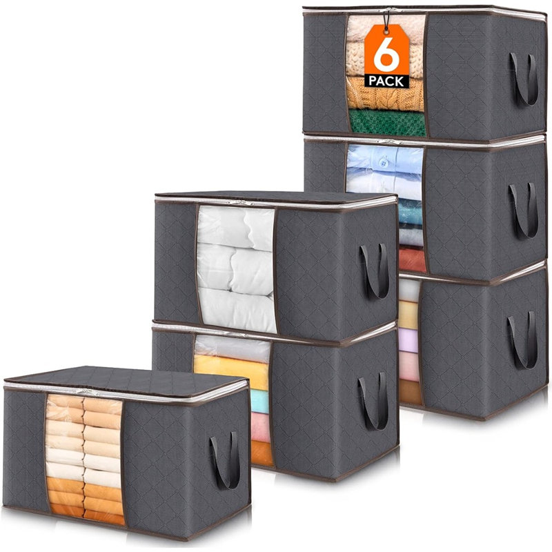 Ensemble de 6 bacs de rangement pour vêtements pliables avec couvercles - Organisateur de tissu à fermeture à glissière avec fenêtre transparente et poignées renforcées, gris