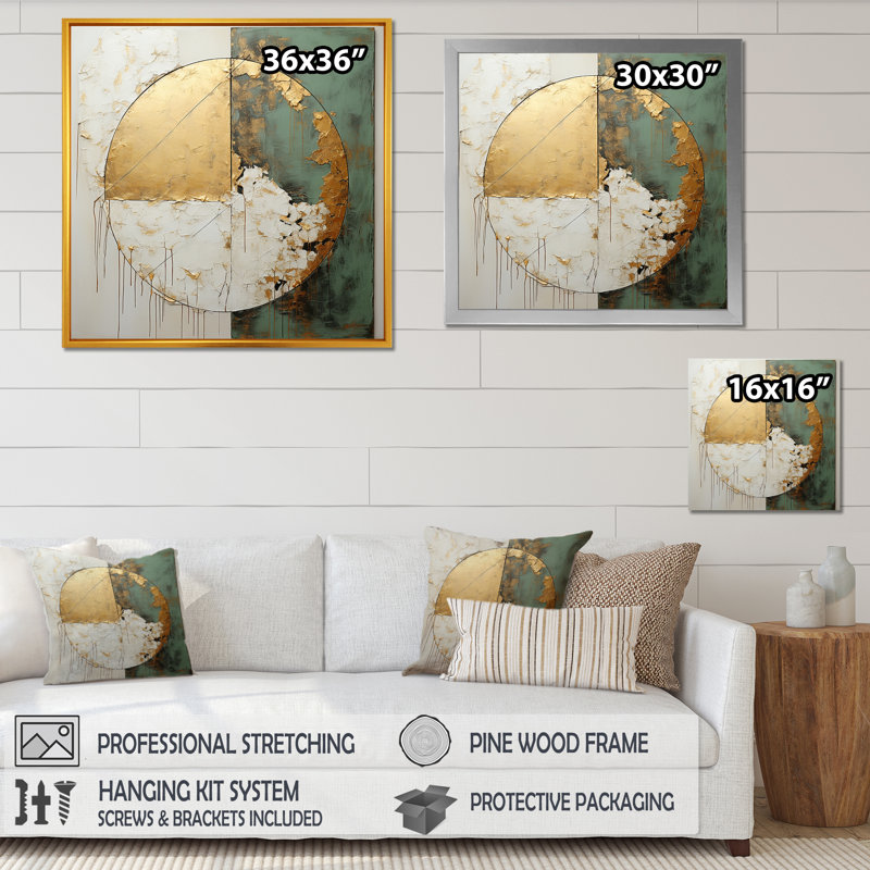 Gold And Green Paint Fusion I - Abstract Painting Wall Art For Living Room, 36" H x 36" W, Gold Floater Framed