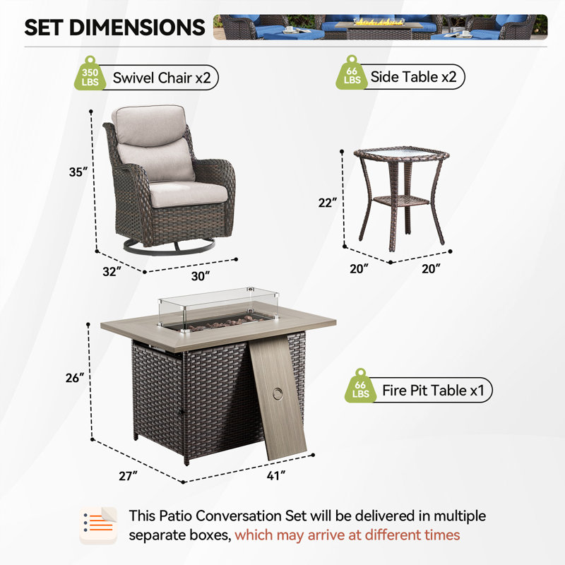 Fauteuil coulissant pivotant en osier avec coussins et table d'appoint 7 pièces Simle, Brun, Gris