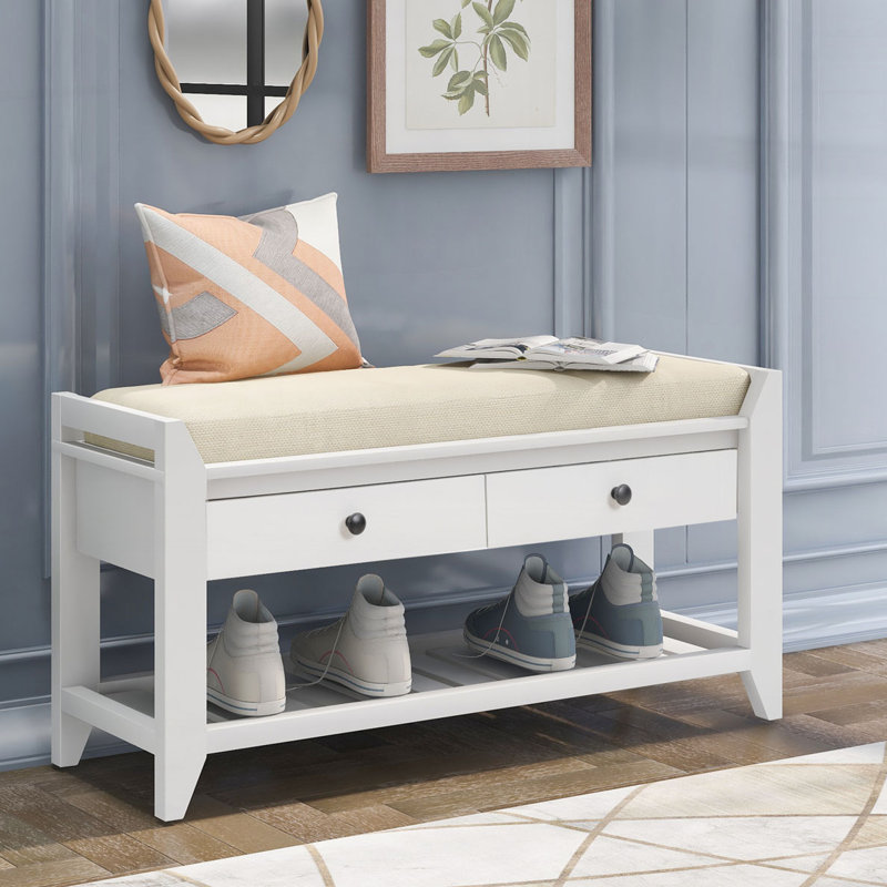 Storage Bench Shoe Rack with Cushioned Seat and Drawers, White
