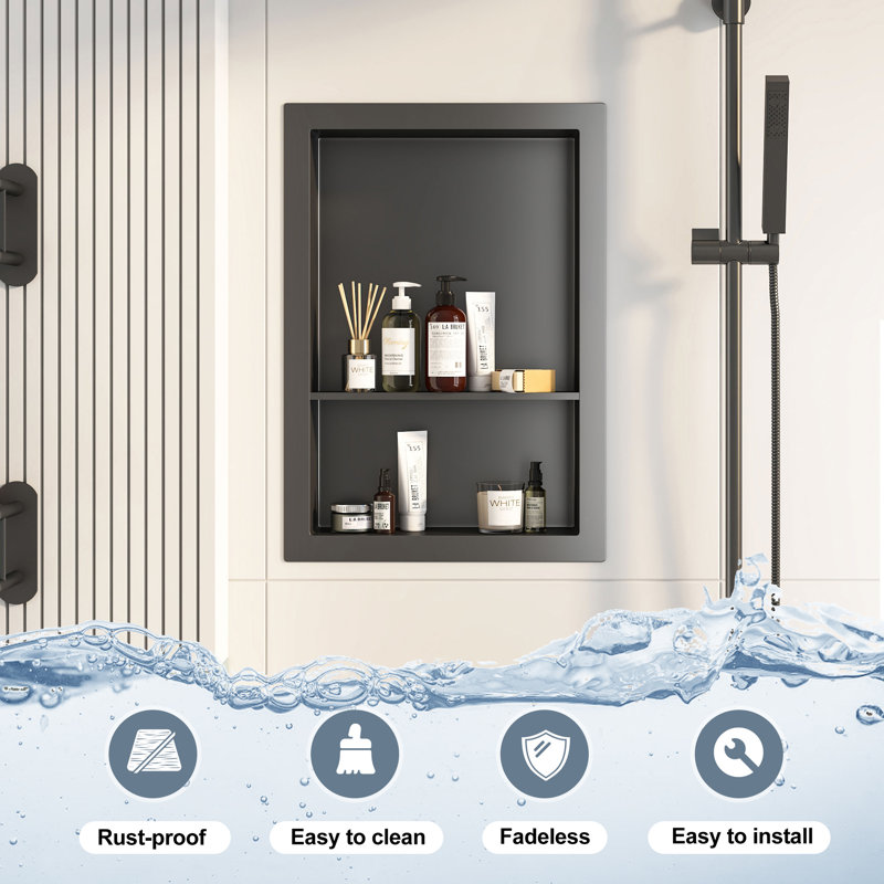 Wall Niche Double Shelf Recessed Metal Cabinet, Matte Black, No, 19.8" H x 13.9" W x 3.9" D