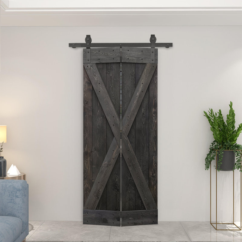 Porte de grange pliante pré-assemblée en bois avec quincaillerie coulissante, Noir anthracite, 24" x 84"