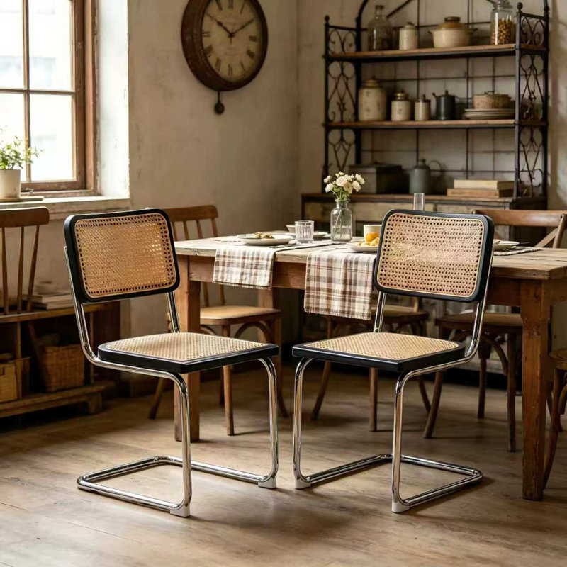 Ensemble de 2 chaises de salle à manger modernes, siège en bois de rotin, cuisine en acier chromé