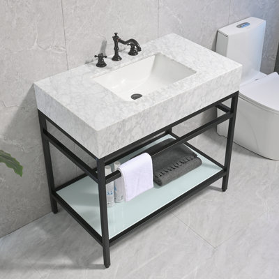 Meuble-lavabo de 36 po en marbre de Carrare naturel avec lavabo, structure en acier inoxydable noir et tablette en verre