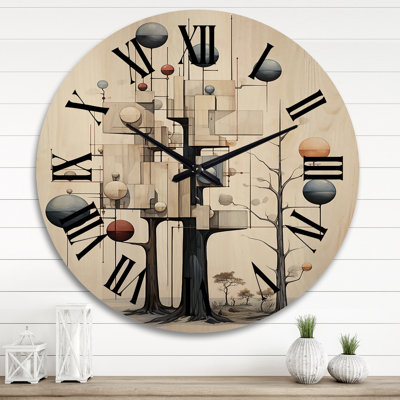 Illustration géométrique de l'arbre de la sagesse - horloge murale moderne surdimensionnée en bois
