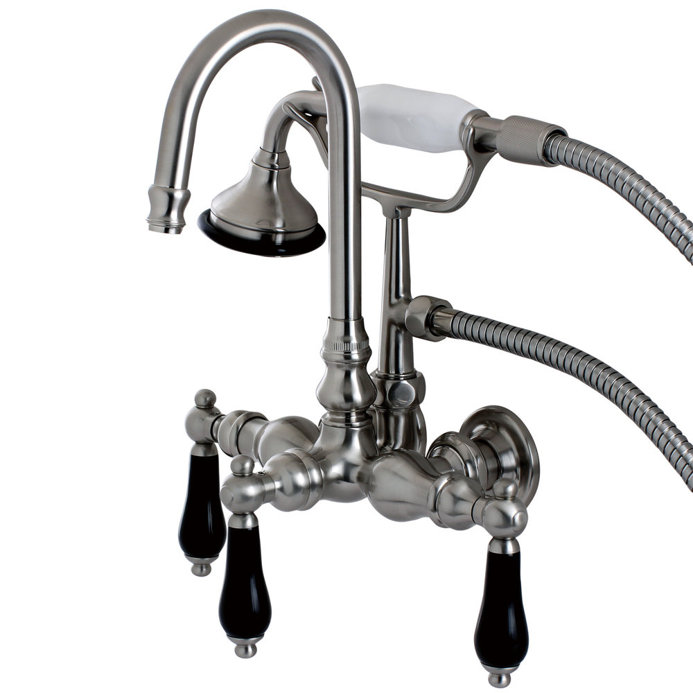 Kingston Brass Duchess Three-Handle 2-Hole Tub Wall Mount Clawfoot Tub Faucet with Hand Shower, Brushed Nickel