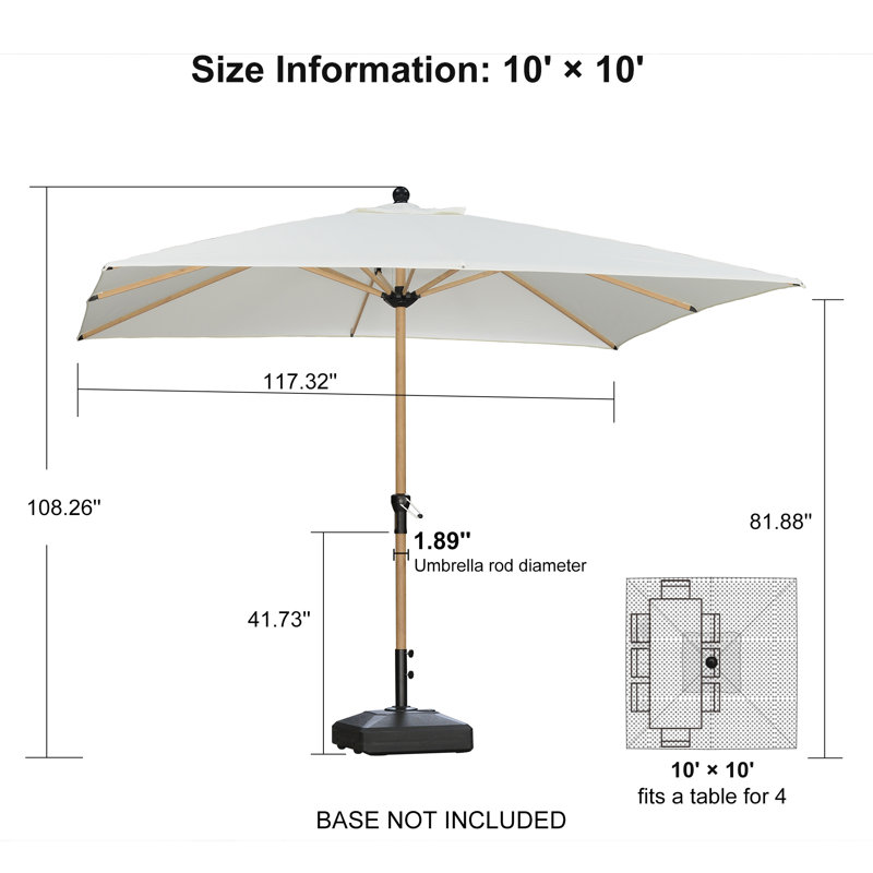 Parasol de table carré de 10 pi x 10 pi avec 8 parasols robustes et manivelle pour terrasse de jardin, Crème, crème