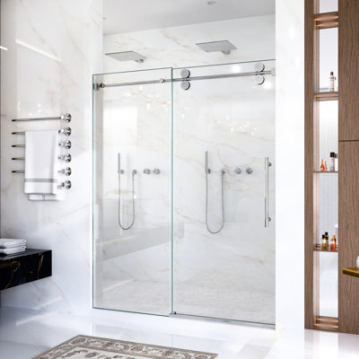Porte de douche coulissante simple de 56 po à l 60 po x H 72 po, verre trempé transparent de 8 mm, finition, 304 rouleaux en acier inoxydable, système de détachement, rail rond avec drainage de l'eau, double joint étanche pour la salle de bain