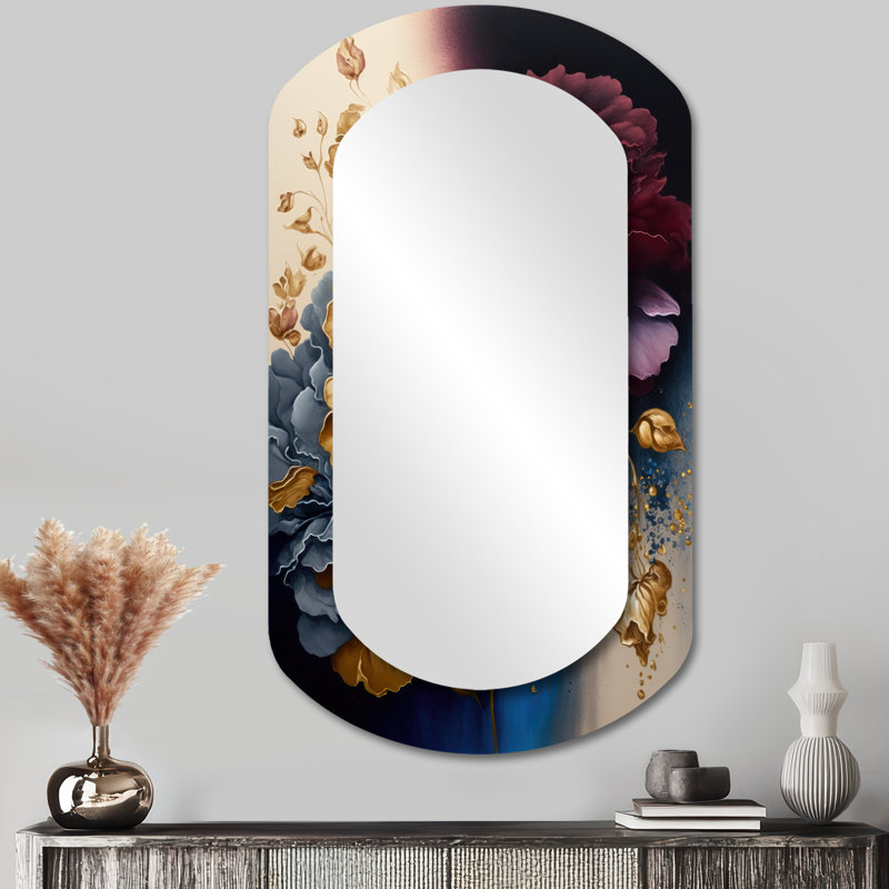 Grand miroir mural bourgogne et bleu Floral I - Floral, 43 po x 23 po