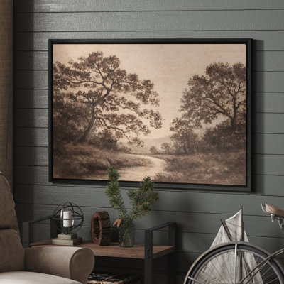 Framed Canvas Wall Art - Vintage Countryside Pathway with Trees in Earthy Neutrals - 16"x24", 24"x36"