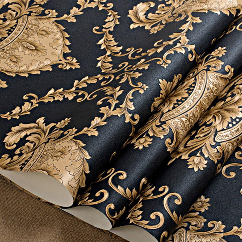 Papier peint damassé en relief noir et doré de luxe luxueux - Rouleau de vinyle en vinyle non adhésif lavable pour une décoration intérieure élégante, de haute qualité, métallique