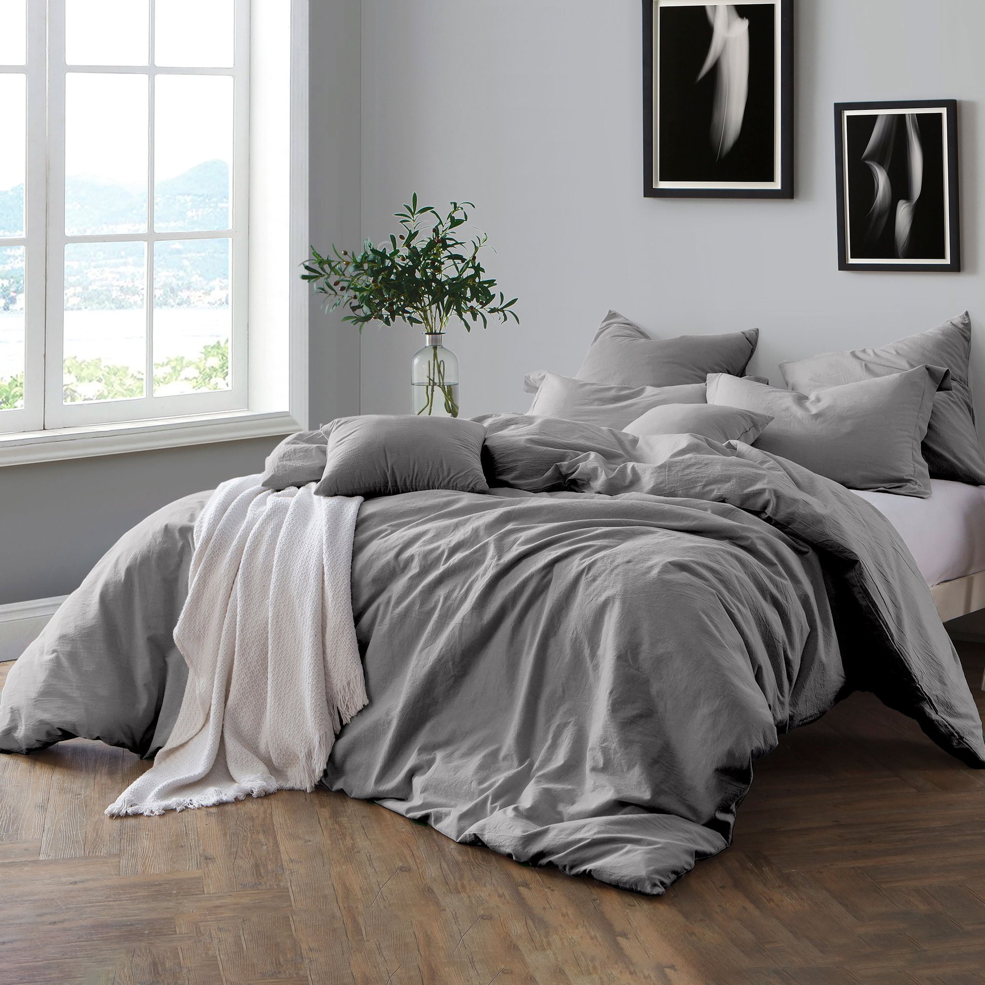 100% Cotton Crinkle Washed Duvet Cover Set, King/Cal. King Duvet Cover + 2 Shams, Ash Gray