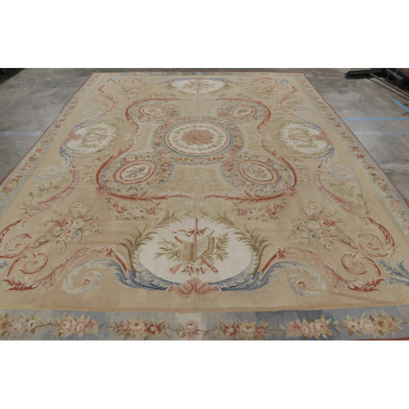Rug & Kilim’S Aubusson Style Rug In Beige With Green And Pink Floral Medallion