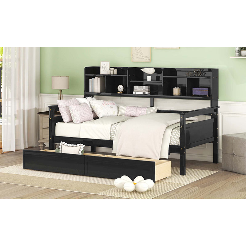 Daybed, Wood Slat Support, With Bedside Shelves And Two Drawers, Espresso