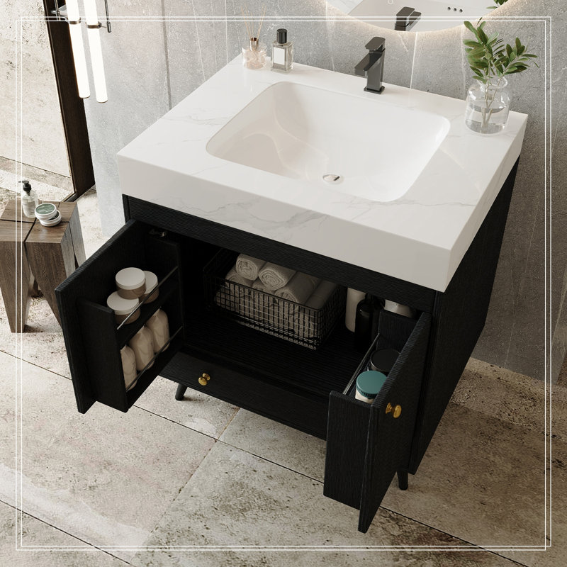 Meuble-lavabo avec lavabo, 2 portes et tiroir inférieur, Blanc