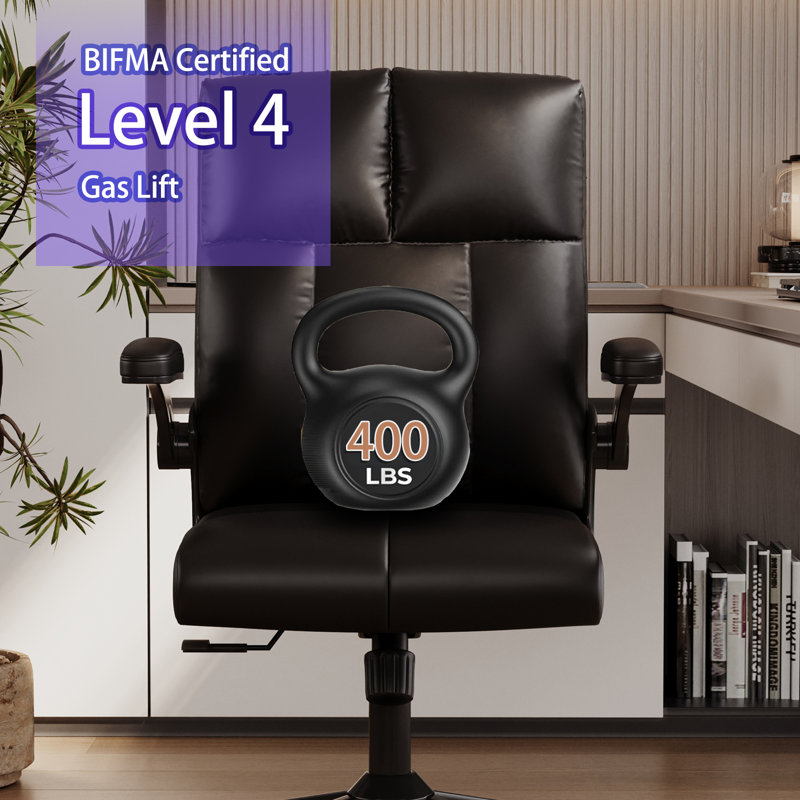 Fauteuil de bureau ergonomique à dossier moyen, fauteuil de direction en similicuir en similicuir, avec support de dossier ergonomique, pivotant à 360 °, accoudoirs rabattables et réglage de la hauteur, avec roulette pivotante silencieuse en polyuréthane pour le bureau à domicile