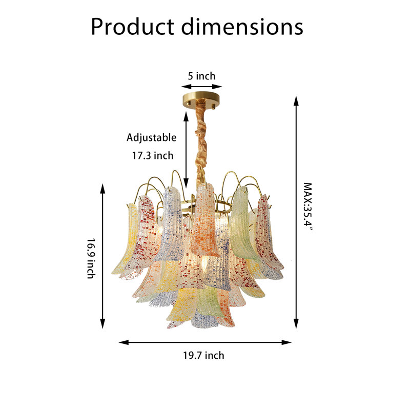 Lustre en verre de couleur française à 5 lumières, 22 lumières en verre artistique avec ampoules à intensité variable tricolores