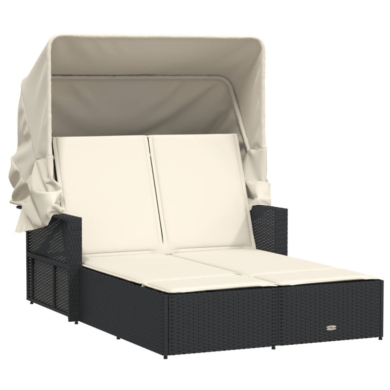 Vidaxl Double Sun Lounger With Canopy And Cushions Poly Rattan, Black, Cream White