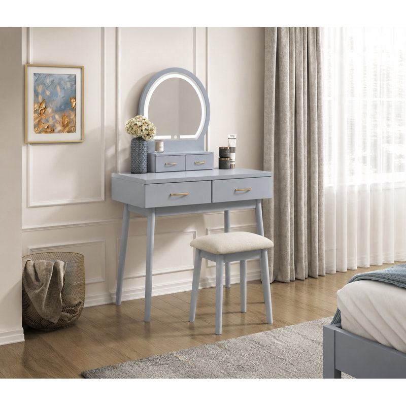 Kamila 4-Drawer Modern Makeup Vanity Set · LED Smart-Touch Mirror · Padded Stool, Gray