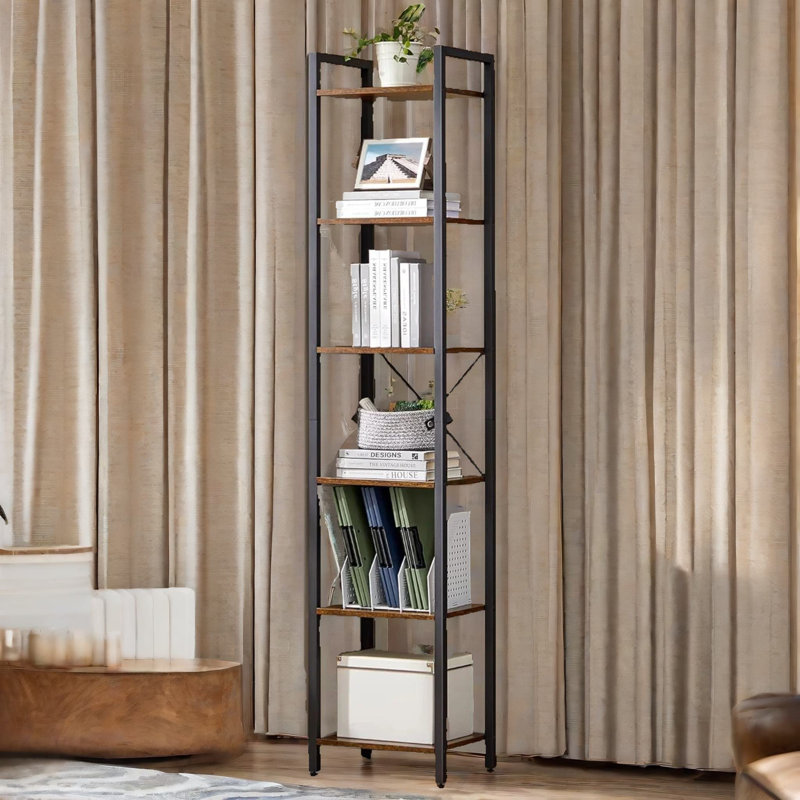 Mateas 187.5cm H x 40cm W Standard Bookcase Shelves 6 Tier Industrial Rustic Brown Furniture