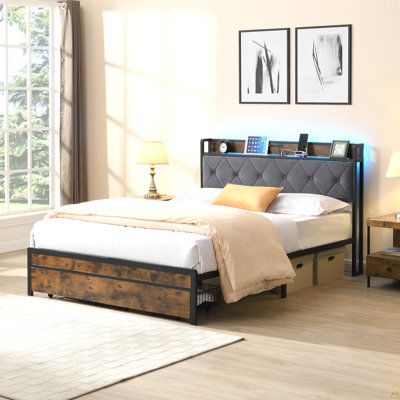 Full Bed Frame With Storage, Bed Frame With LED Lights Upholstered Headboard And 2 Drawers, USB & Charging Station, No Box Spring Needed, Easy Assembly, Grey F