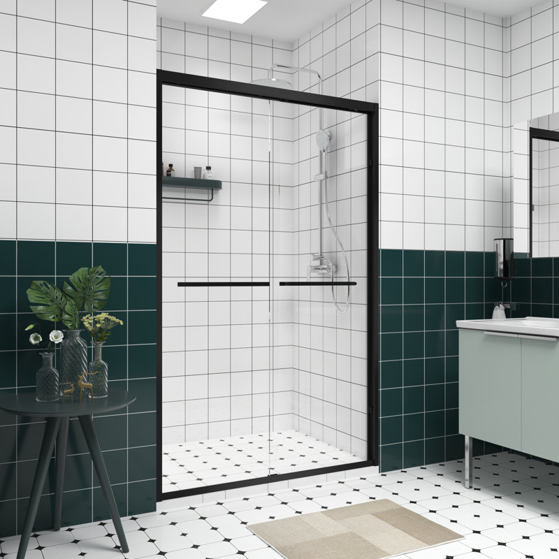 Double Sliding Bathroom Shower Door With Chamfer - Edged Tempered Glass, Stainless Steel Handle, Water Feature Proofing Design