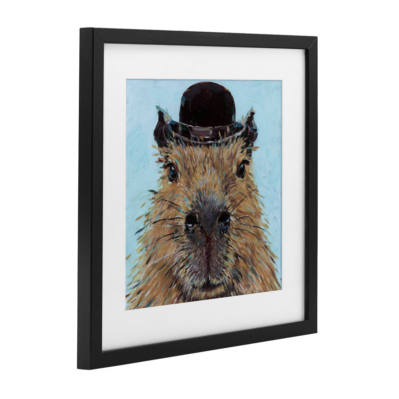 Gros plan Capybara avec chapeau, reproduction sous verre, design par Studio Bautista, H 13 po x l 13 po, Cadre noir minuit