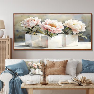Minimal pivoines dans des cubes blancs I - pivoines, art mural pour le salon