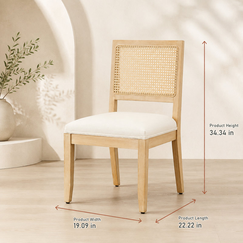 Ensemble de 2 chaises de salle à manger de style champêtre, dossier bas en rotin, structure en bois naturel, revêtement en lin beige, style moderne du milieu du siècle