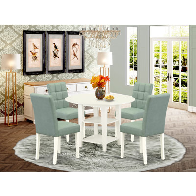 5 Piece Dining Table Set Includes A Mid Century Modern Dining Table and 4 Willow Green Polyester Fabric Dinning Chairs, Linen White