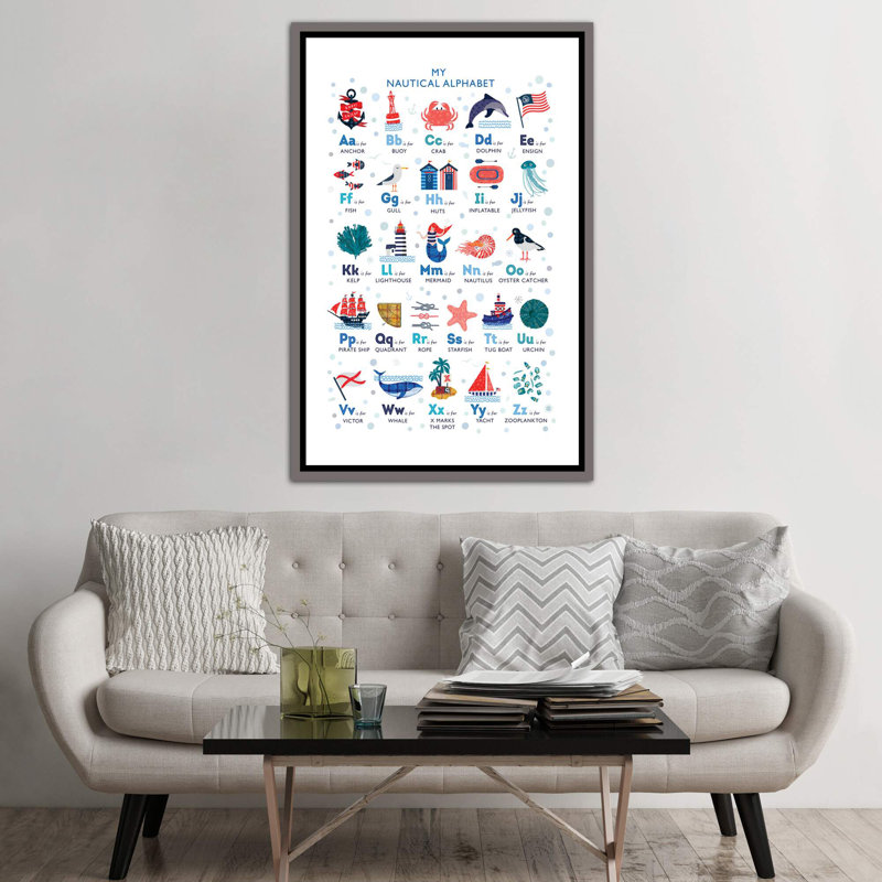 Nautical Alphabet - impression d'art graphique, Pas de tapis, H 60 po x l 40po x P 1,5 po, Toile avec cadre gris