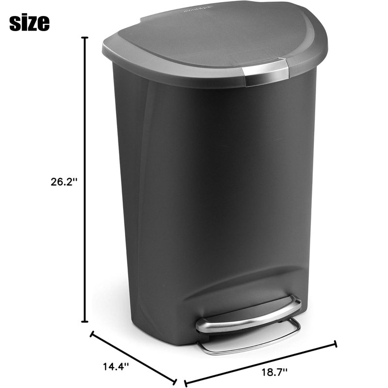 Simplehuman 50 Liter / 13 Gallon Semi-Round Kitchen Step Trash Can with Secure Slide Lock, Plastic, Gray