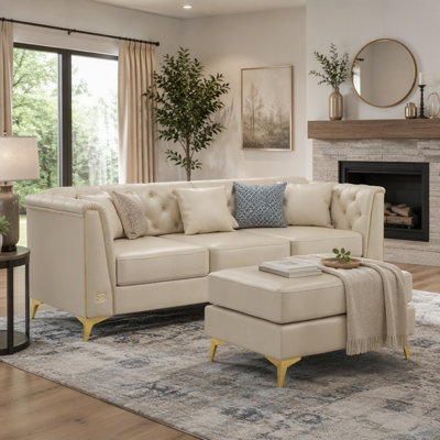 Canapé Chesterfield modulaire de 81,5 pouces à 3 places avec revêtement en similicuir, capitonné à la main, accoudoirs garnis de métal et pieds en métal minces, comprenant 3 coussins, pour le salon et l’appartement