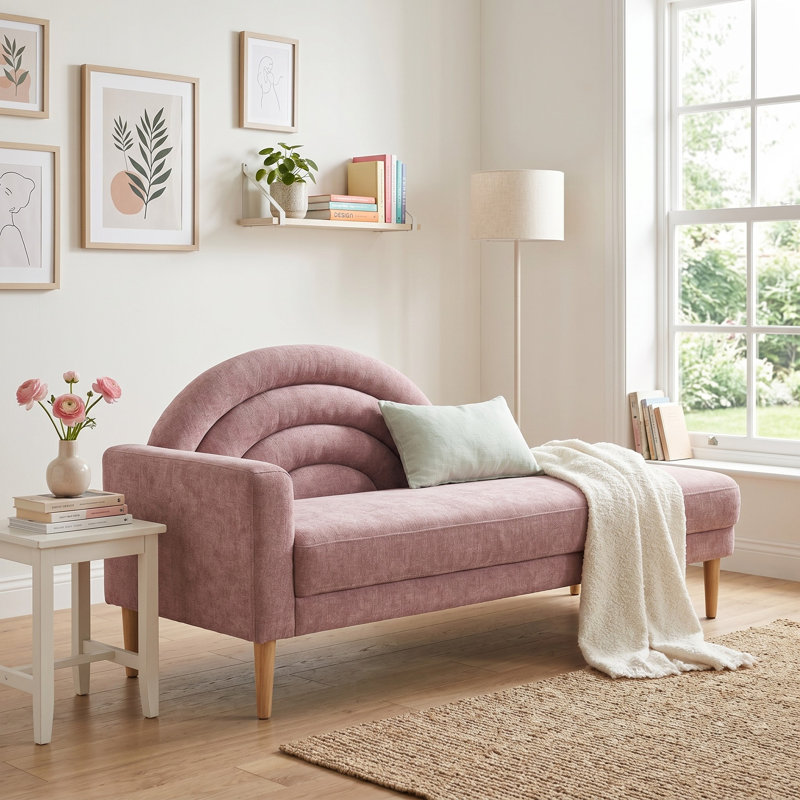 Rainbow-Inspired Linen Upholstered Chaise Lounge with Curved Backrest, Pink