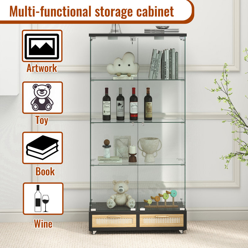 Modern Glass Display Cabinet With 4 Tempered Glass Bookshelf,natural, Black