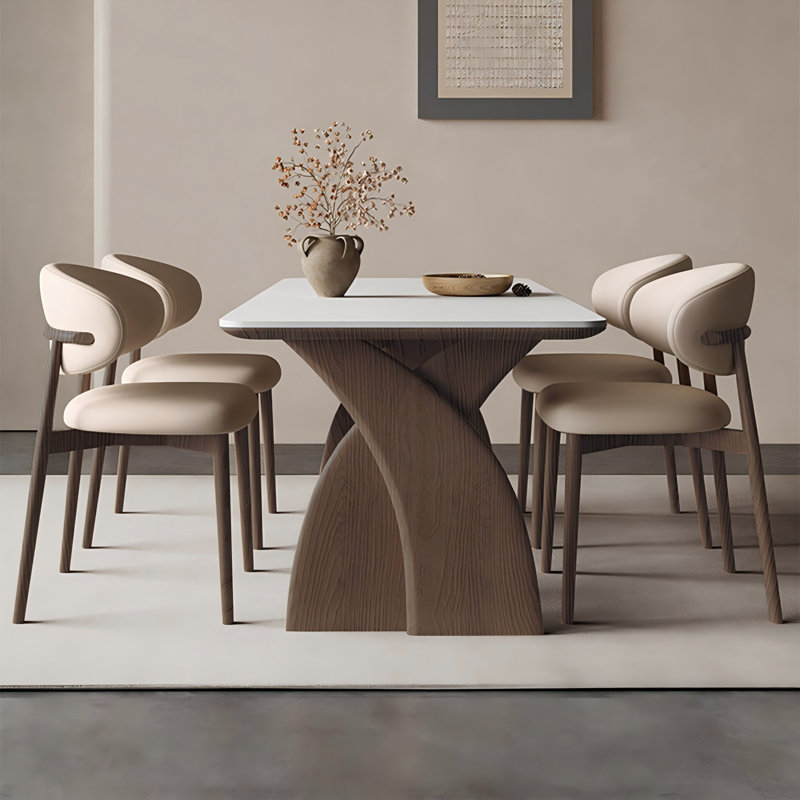 Sintered Stone Solid Wood Oak white and brown Dining Table and Chair Set,6-Chairs,   29.53”H x 51.18”L x 31.50”W