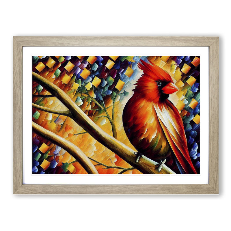 Cardinal Bird Vol.4 Abstract - Single Picture Frame Painting, 46cm H x 64cm W x 2cm D, Oak Framed