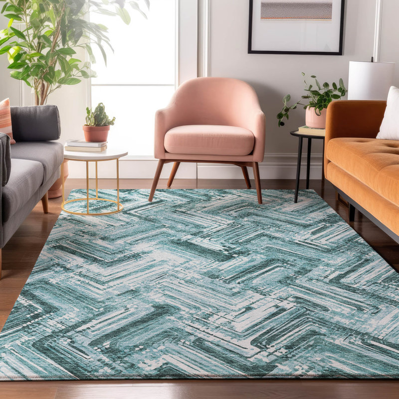 Premium Machine Washable Cerrito Teal Rug, Rectangle 5' x 7'6"