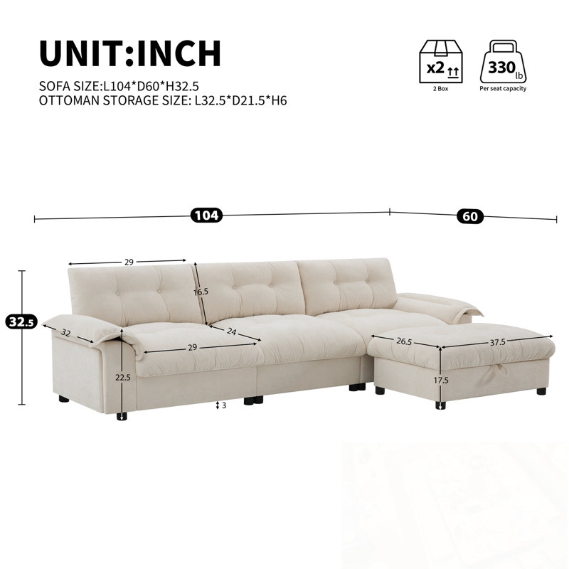 L-Shaped Sectional Sofa With Dual-Port Charging, Cup Holder, Pockets And Movable Ottoman, Beige Chenille