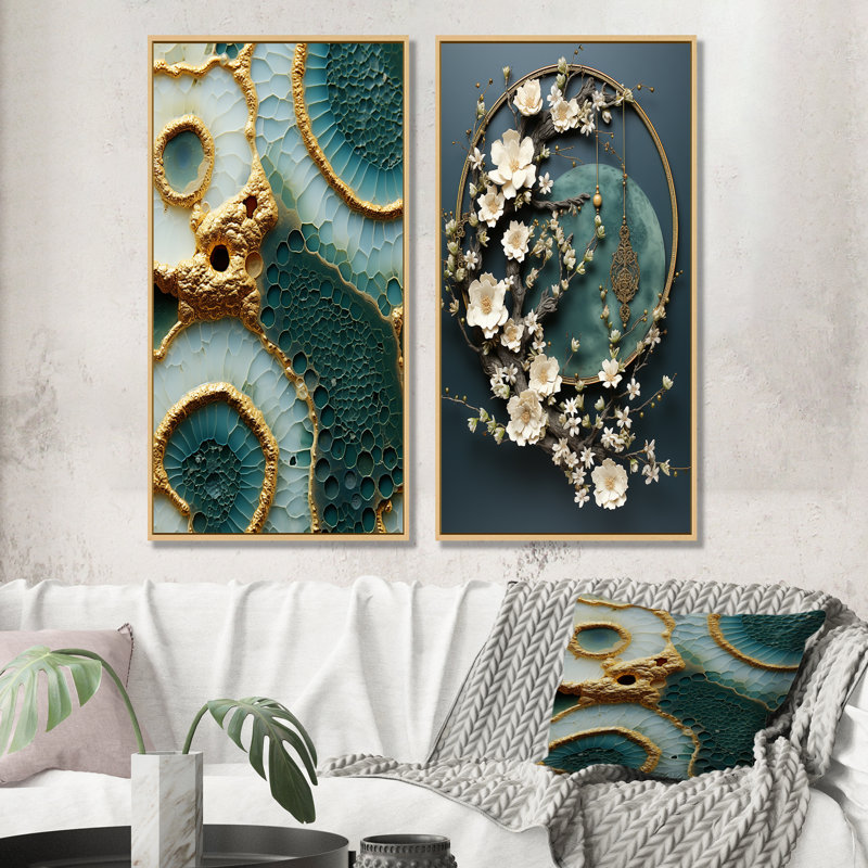 Fleurs dorées et blanches sur pierre bleue II - ensemble de 2 impressions sur toile en géode de pierre, Cadre flottant brun