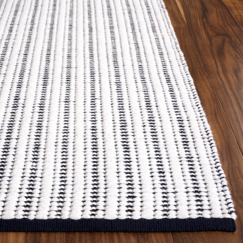 909 Hand Woven Cotton/Wool Striped Rug , Square 6', Navy/Ivory