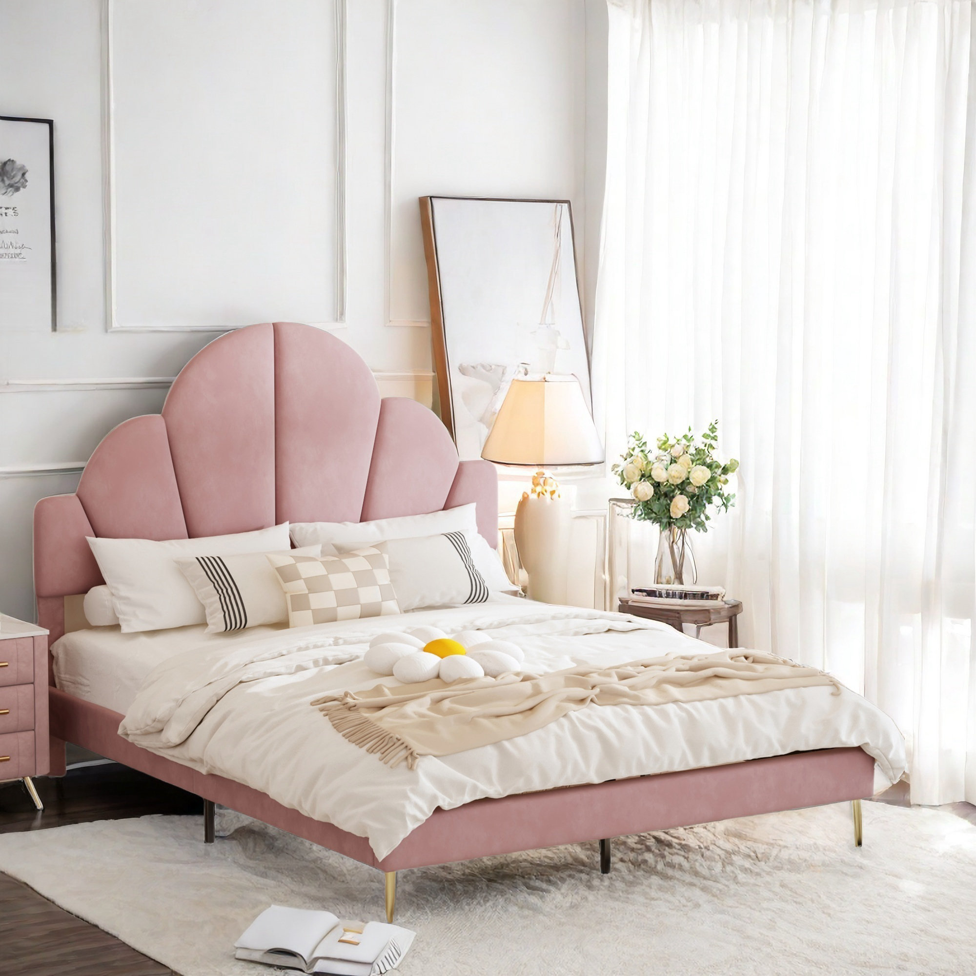 finessefurs Elegant Upholstered Platform Bed With Petal Shape Headboard ...