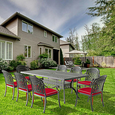 Mobilier de patio 9 pièces en fonte d'aluminium avec coussins, 8 chaises de salle à manger et table rectangulaire