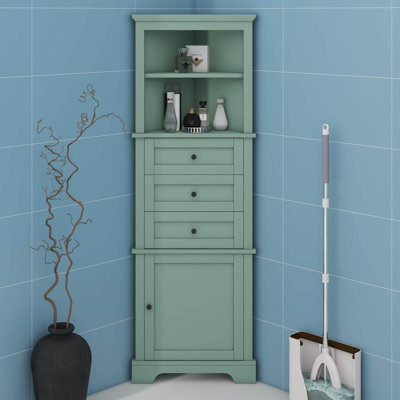 Armoire de salle de bain haute en coin avec portes, organisateurs triangulaires et rangement avec 3 tiroirs et tablettes réglables, armoire de toilette pour la salle de bain