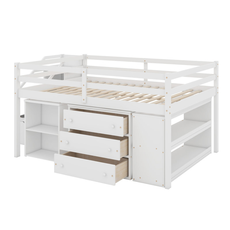 Lit mezzanine avec bureau d'écriture rétractable et 3 tiroirs, lit mezzanine en bois avec escalier de rangement et tablettes