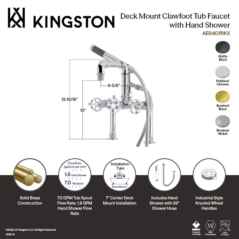 Kingston Brass Webb Three-Handle 2-Hole Deck-Mount Clawfoot Tub Faucet With Knurled Handle And Hand Shower, Matte Black