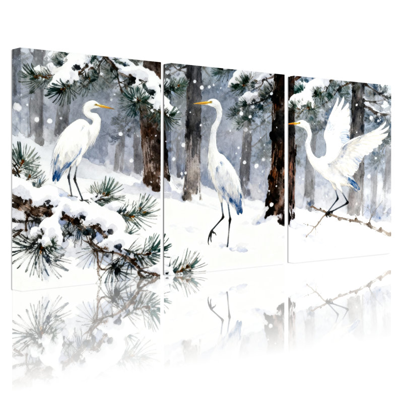 Ensemble de 3 tableaux muraux sur toile représentant des hérons de la forêt enneigée, H 36 po x l 72 po